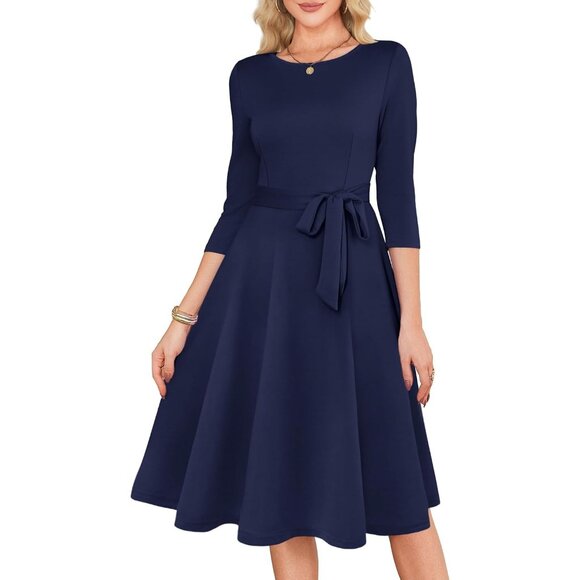 Women's Navy 3/4 Sleeve Vintage Flattering A-line Vintage Cocktail Dresses - Picture 4 of 5